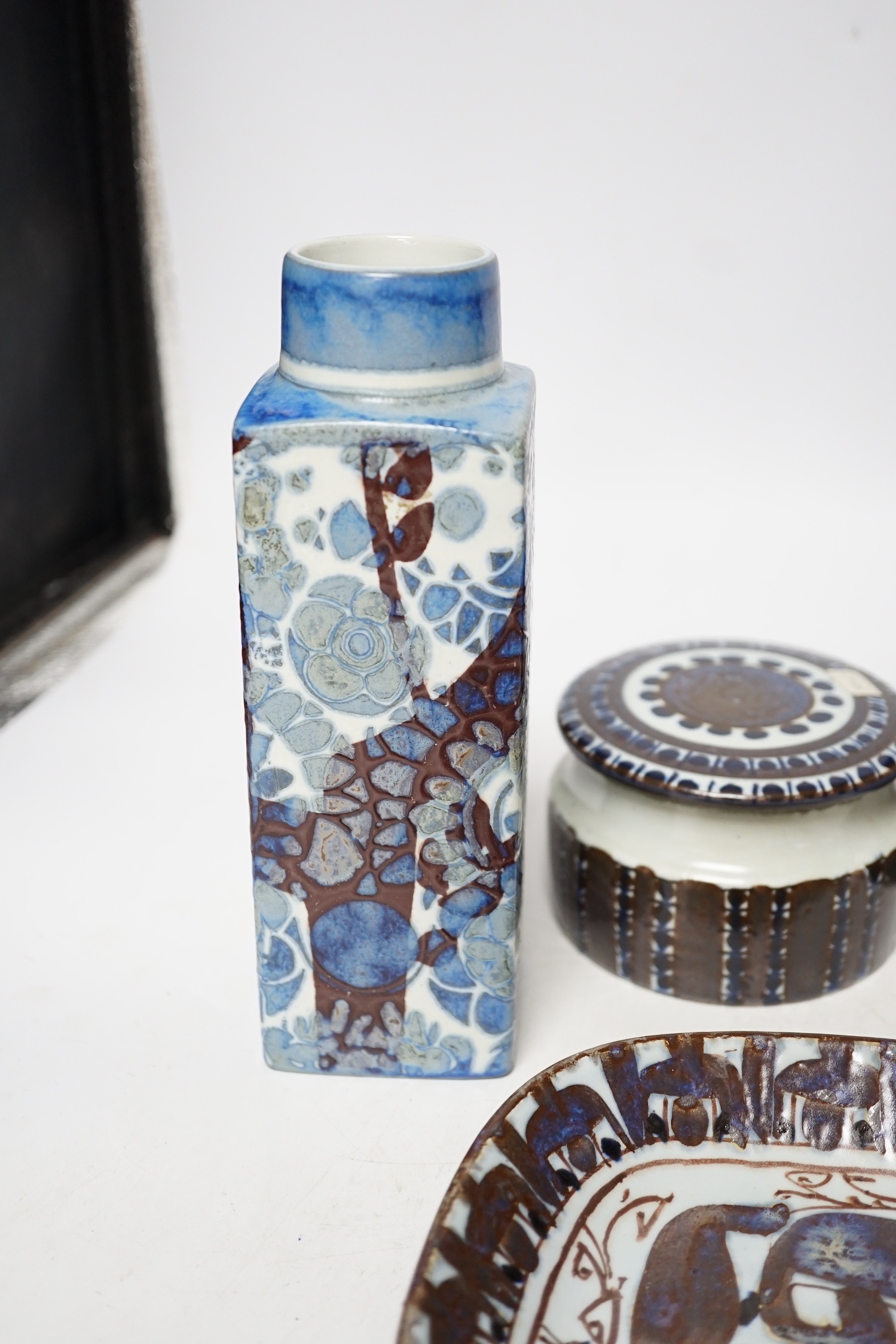 A pair of Royal Copenhagen pottery ‘fajance’ blue glaze vases and a squat jar and cover, together with an Alumina ware larger jar and cover and a rectangular tray signed CK, tallest 19cm